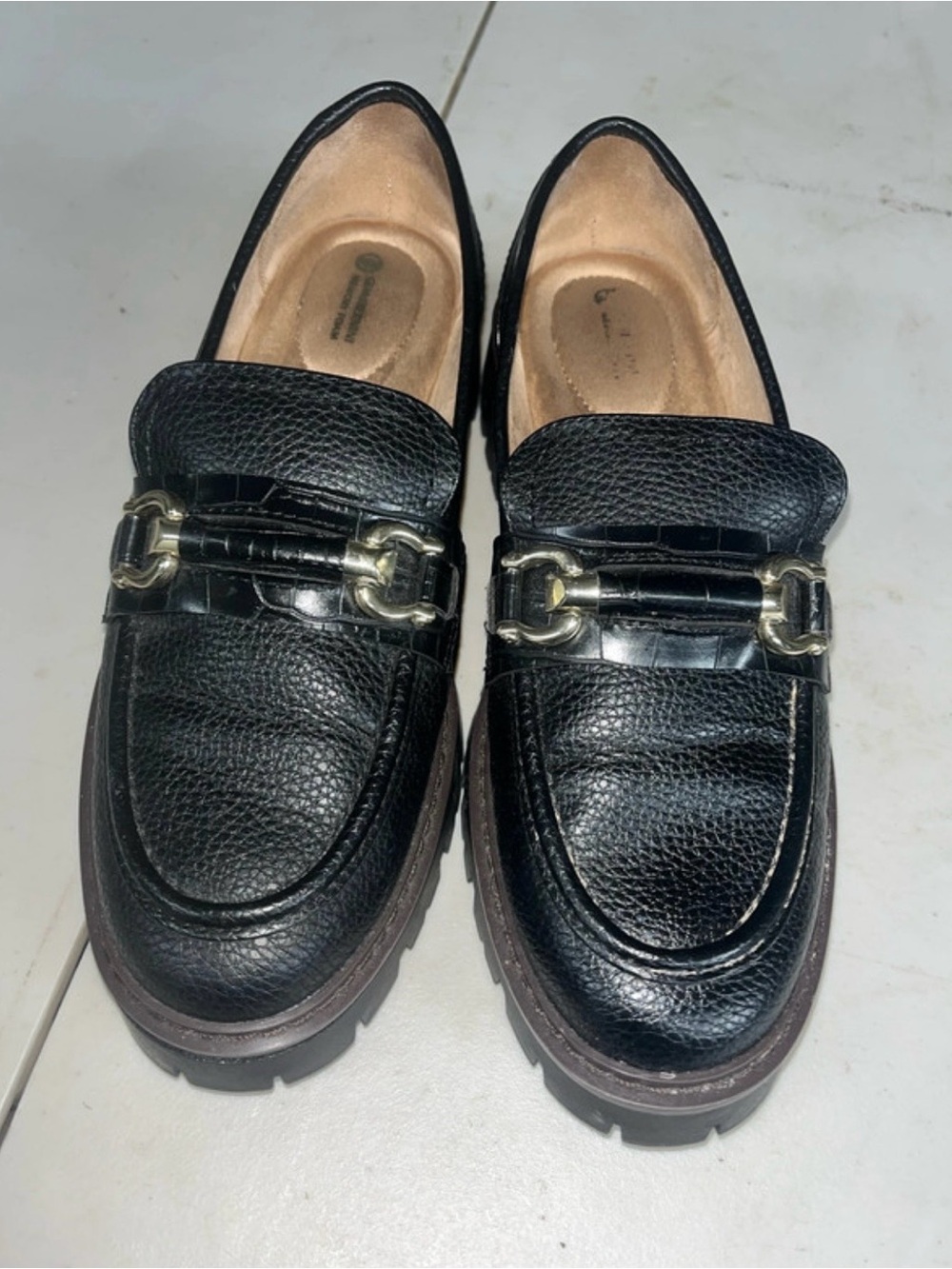 Women’s Black Leather Bit Loafers with Gold Hardware